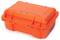 A vibrant orange, robust suitcase with rounded corners, suitable for the secure transportation of delicate items.
