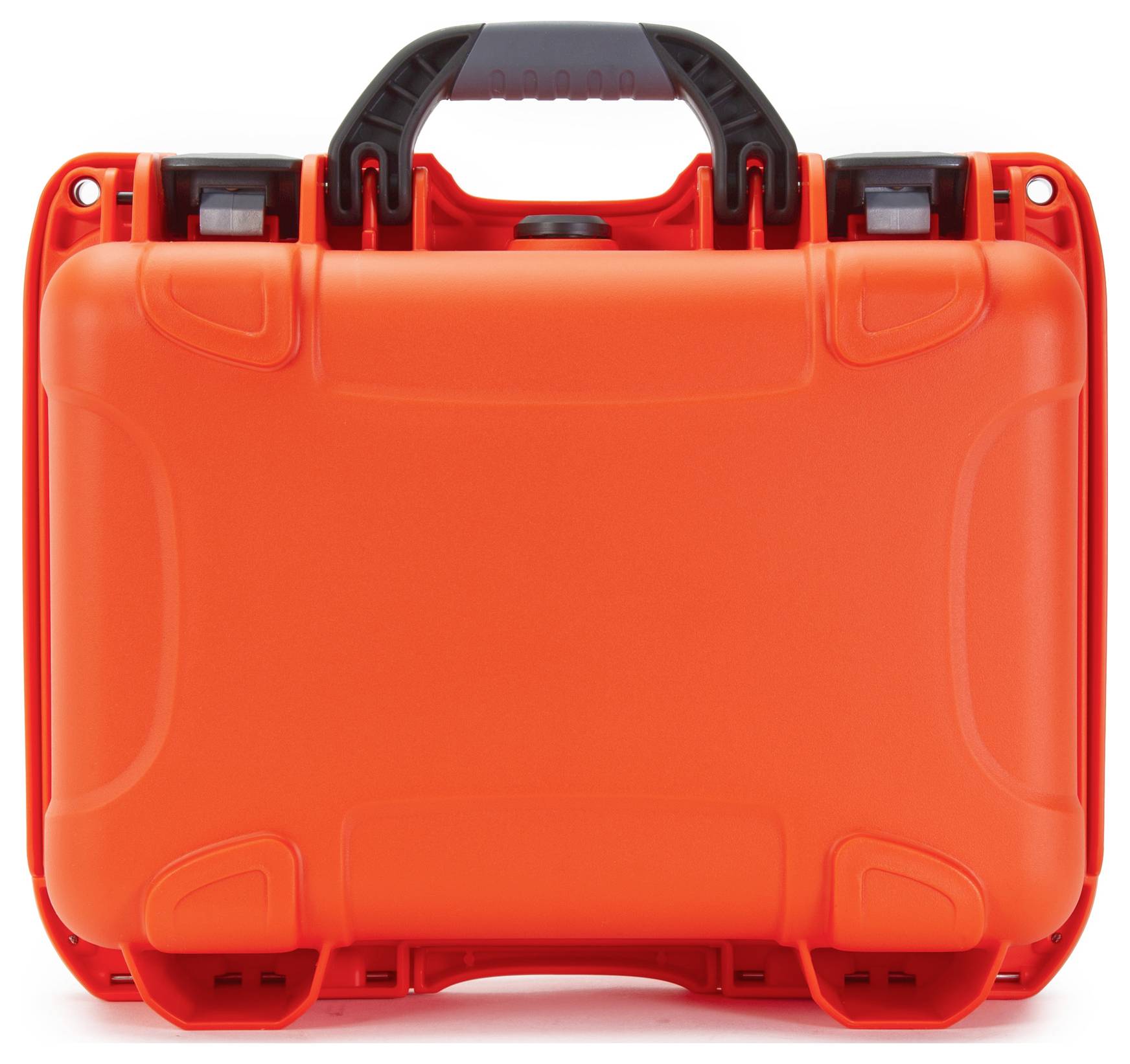 A vibrant orange, sturdy suitcase with a black handle and robust locks. High-quality design for secure travel or storage.