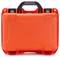 A vibrant orange, sturdy suitcase with a black handle and robust locks. High-quality design for secure travel or storage.