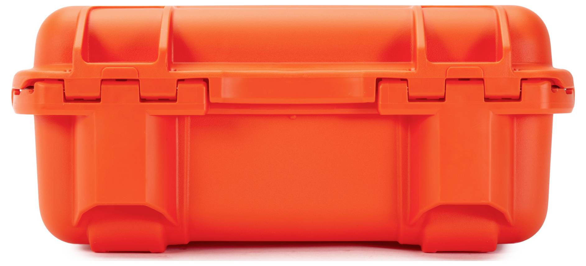 A bright orange, robust protective case with two locks, suitable for delicate equipment or tools.