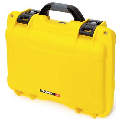 Yellow, robust plastic case with a black handle and latches, used for the secure transportation of items.