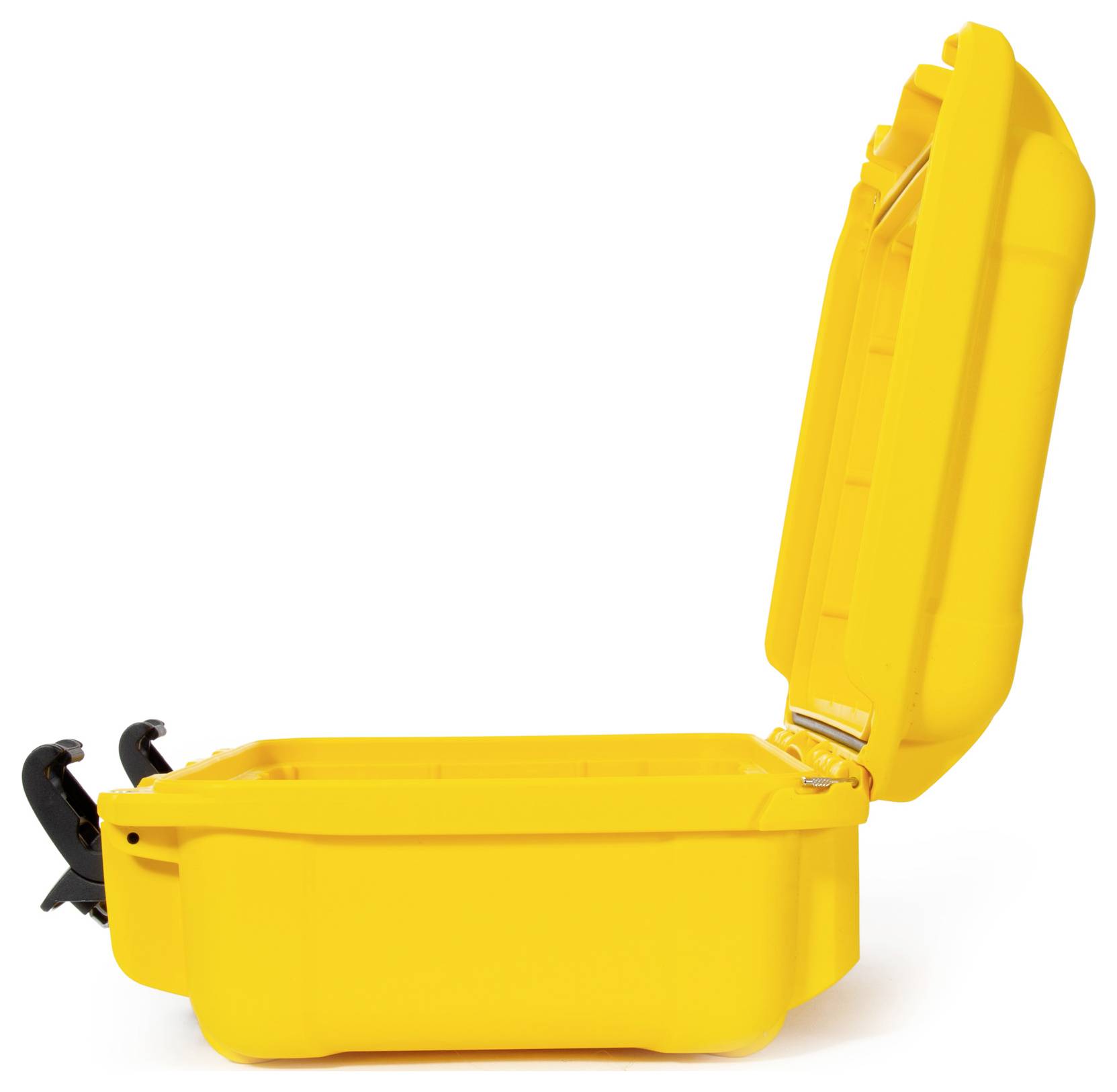 An open, bright yellow plastic case with a robust design. The lid is raised, revealing an empty interior compartment.