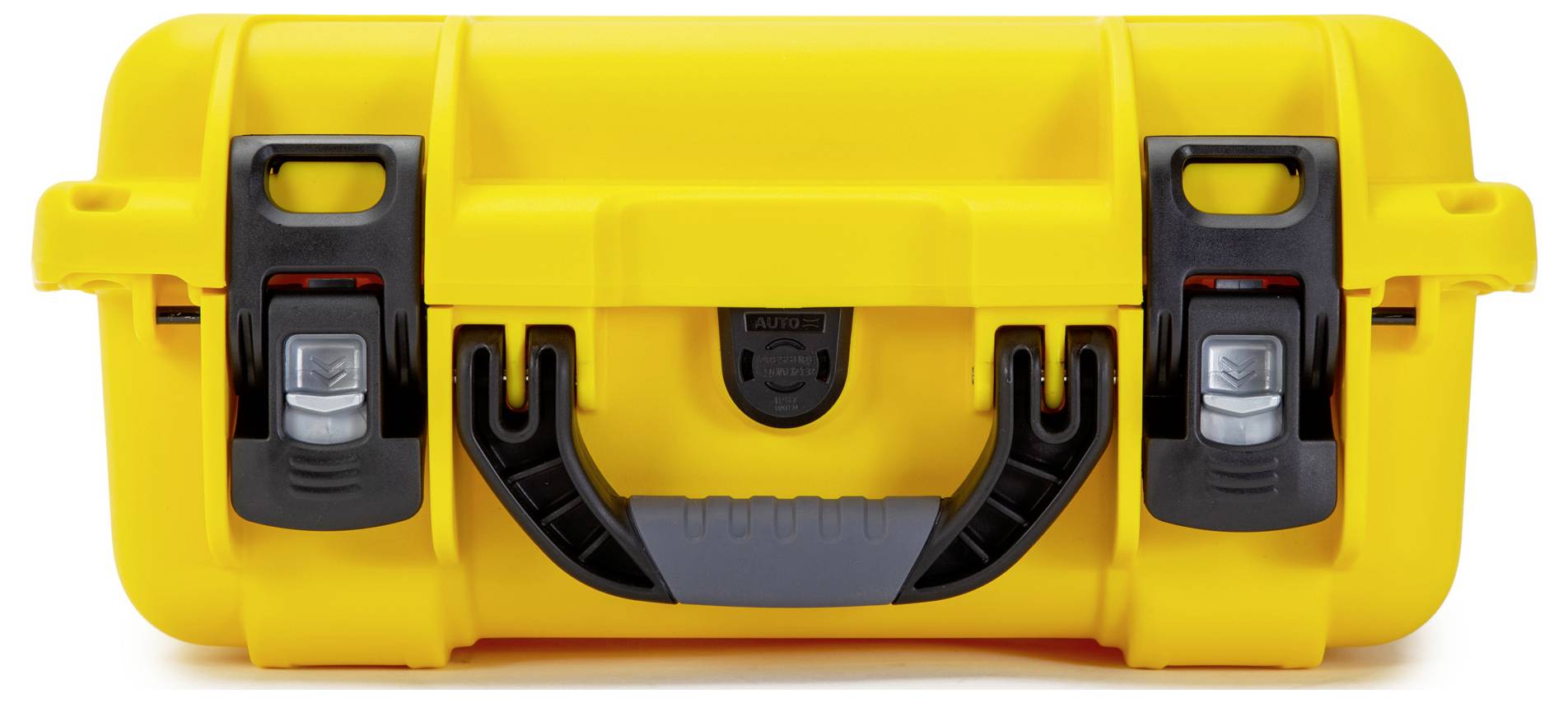 A yellow, robust toolbox with a black handle and two fasteners at the front. Ideal for the safe transportation and storage of tools.