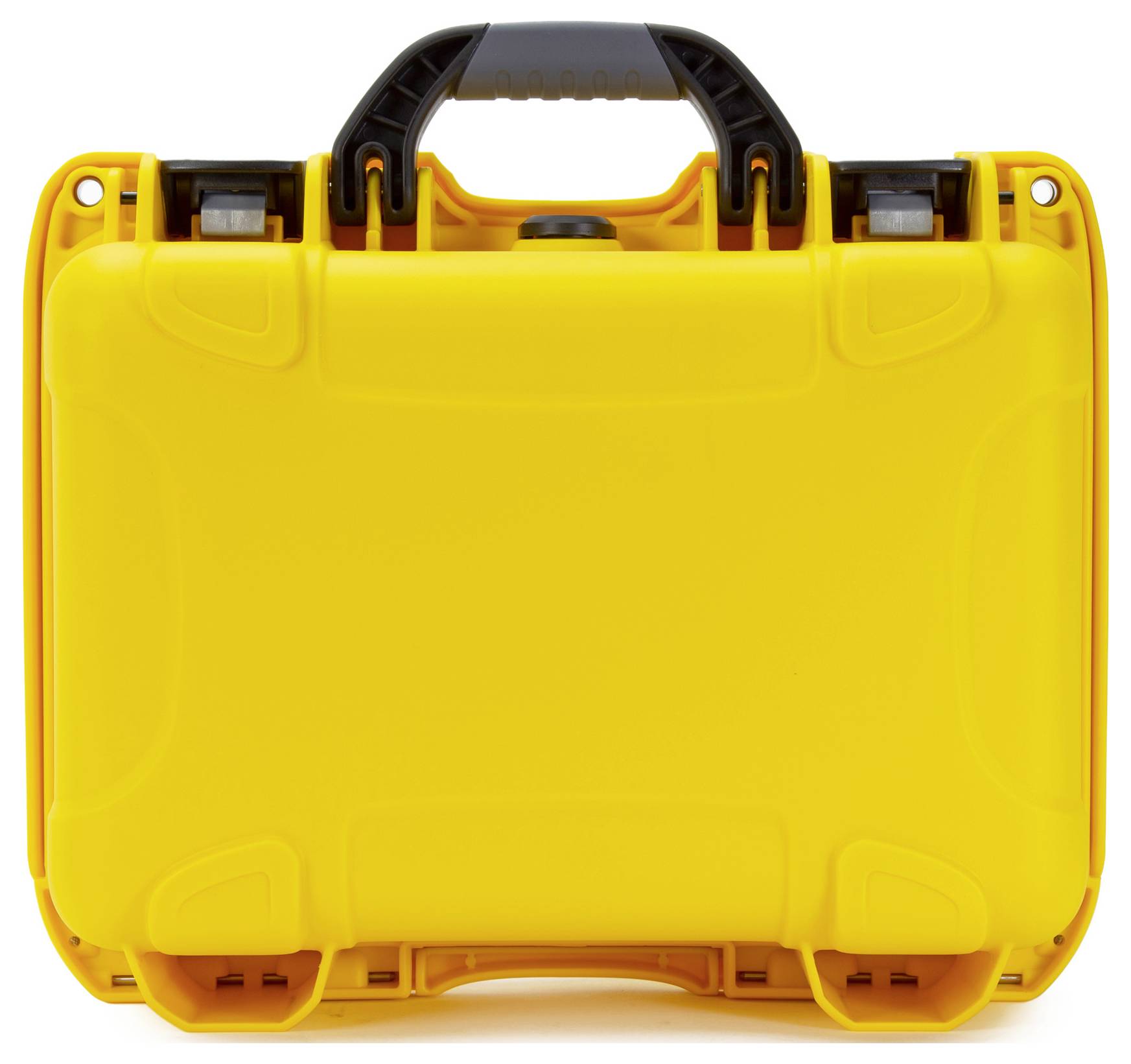 Yellow hard-shell suitcase with black handle, suitable for transporting and protecting delicate items.