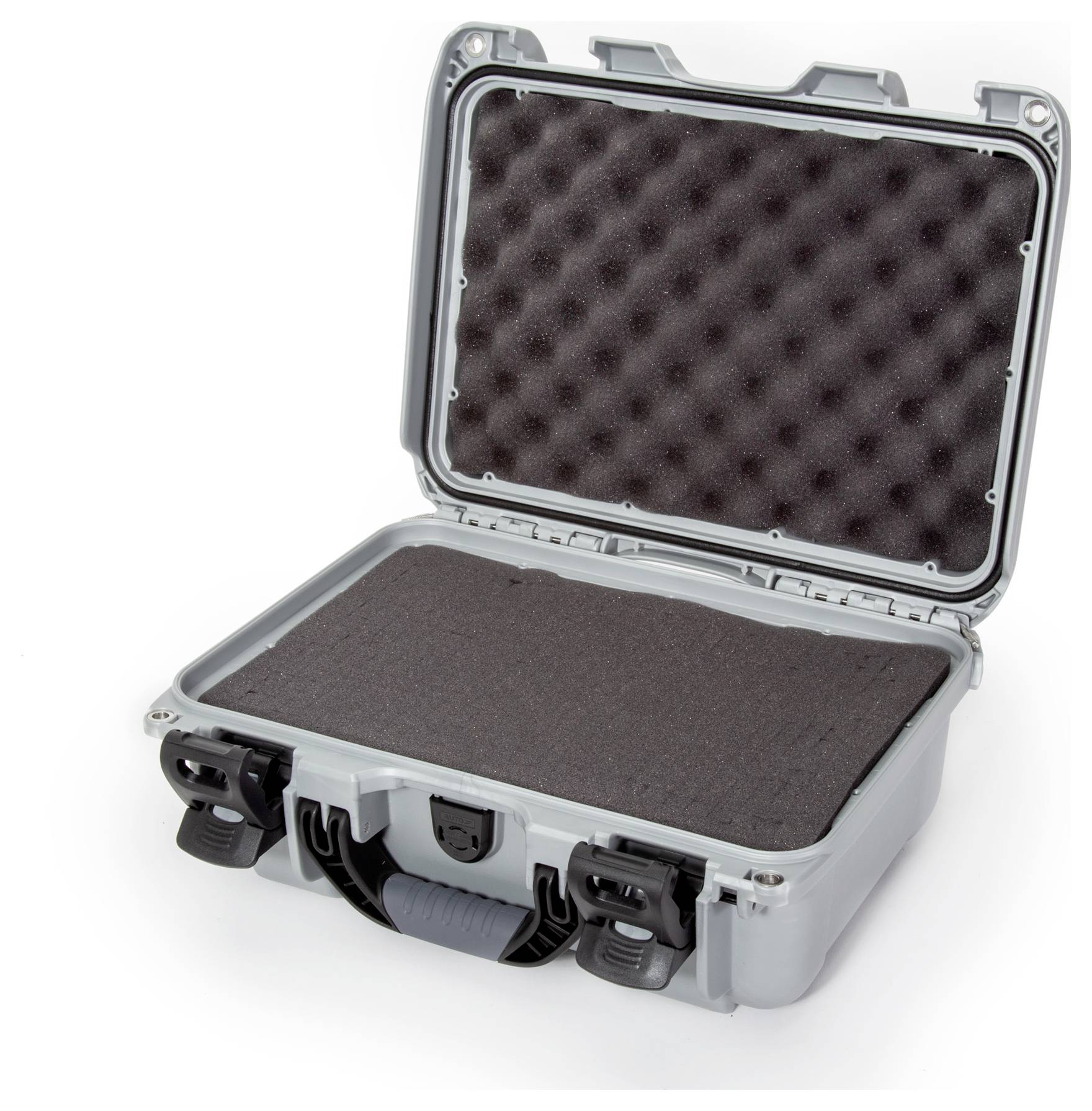 Grey protective case made from sturdy material, opened with black foam lining. Ideal for securely transporting delicate items.