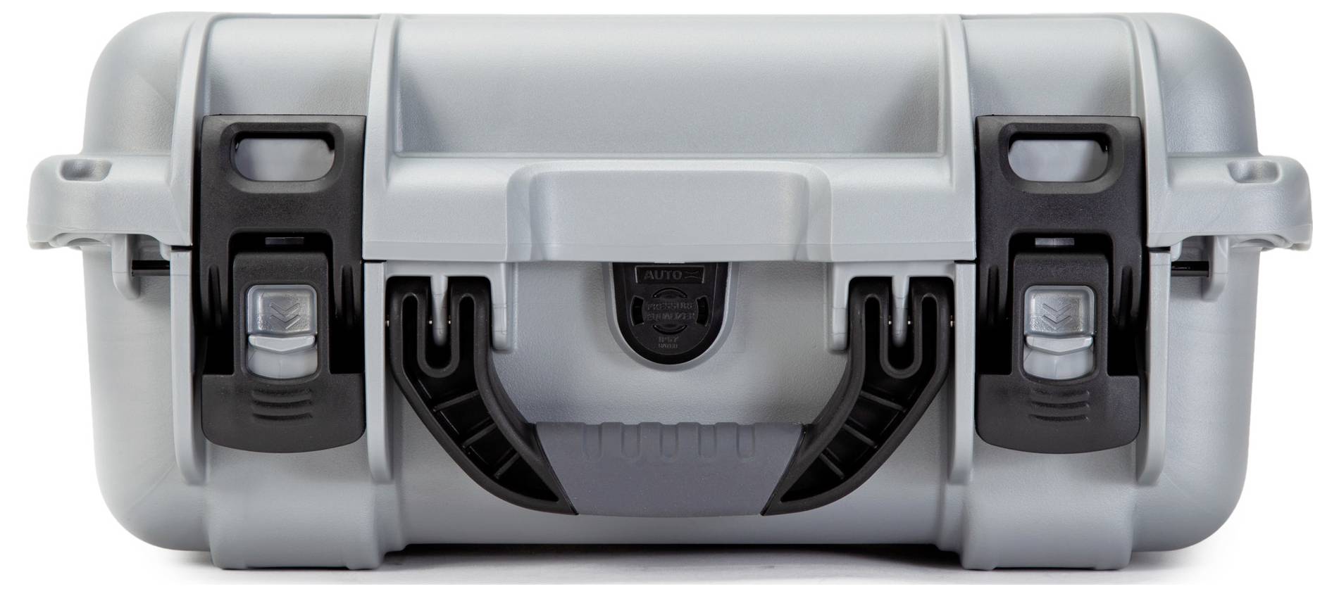 Grey, robust hard-case suitcase with two black clasps. Suitable for the secure transportation of delicate equipment.