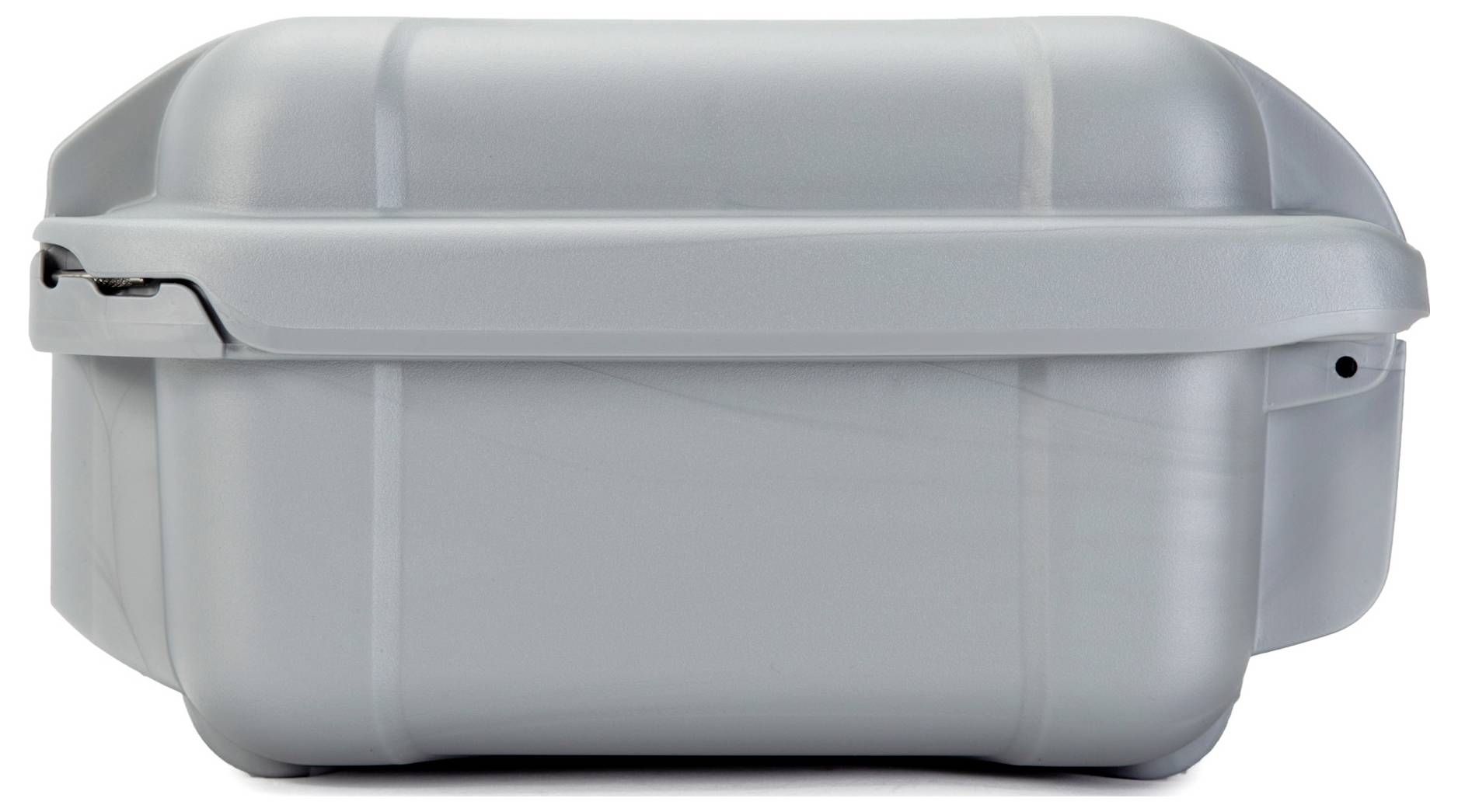 Grey, rectangular plastic container with lid, side locking mechanism; used for storage.