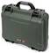 A green protective case with reinforced handle and clasps. The case bears the inscription 'Nanuk 915' on the front.