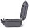 An open, grey hard-shell suitcase with robust hinges, viewed from the side. Ideal for secure transportation.
