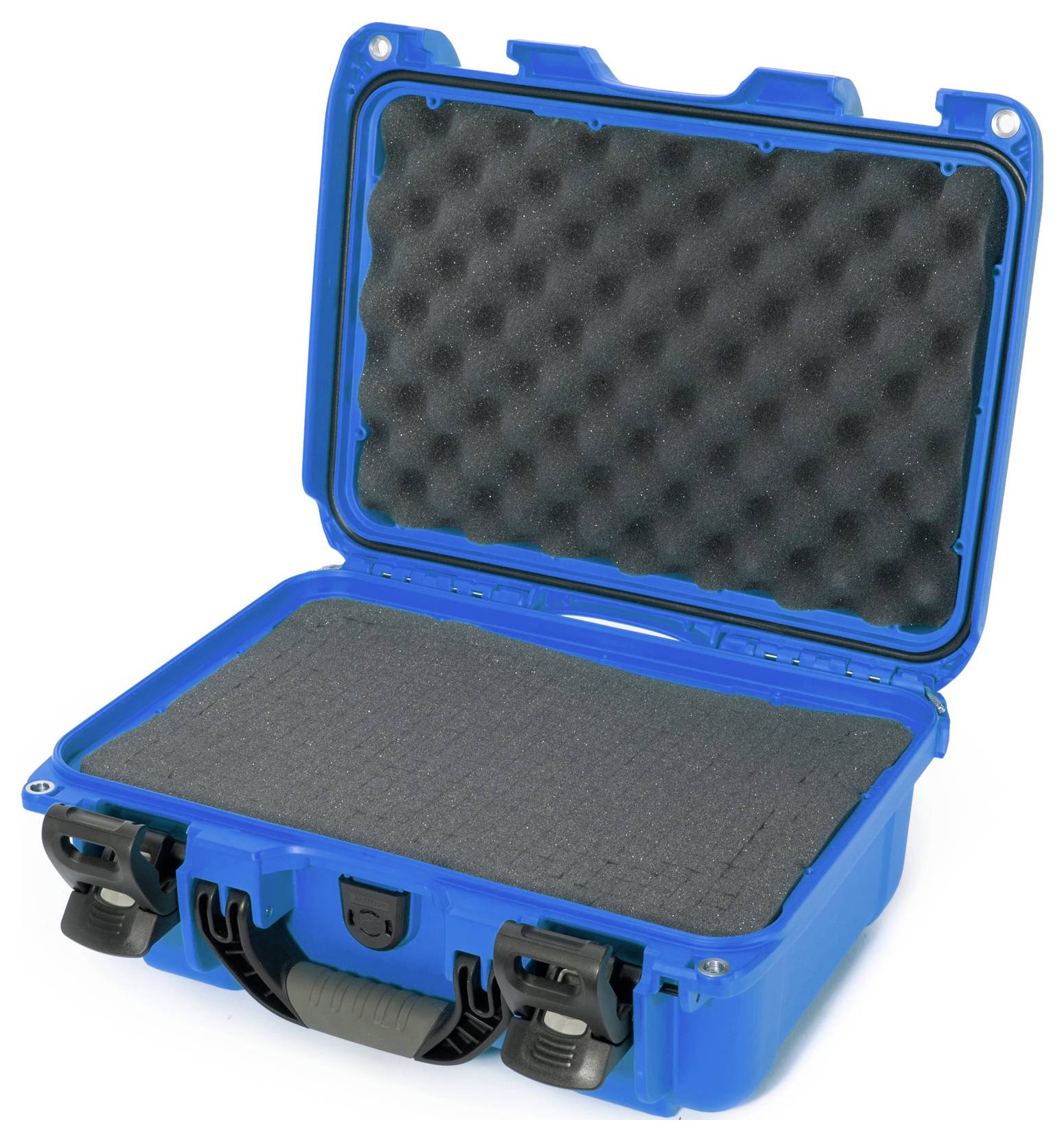 An opened, blue hard-shell case with foam padding, suitable for the safe transportation of delicate items.