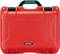 Red, robust Nanuk case with a green handle, suitable for secure transportation and protection of delicate items.