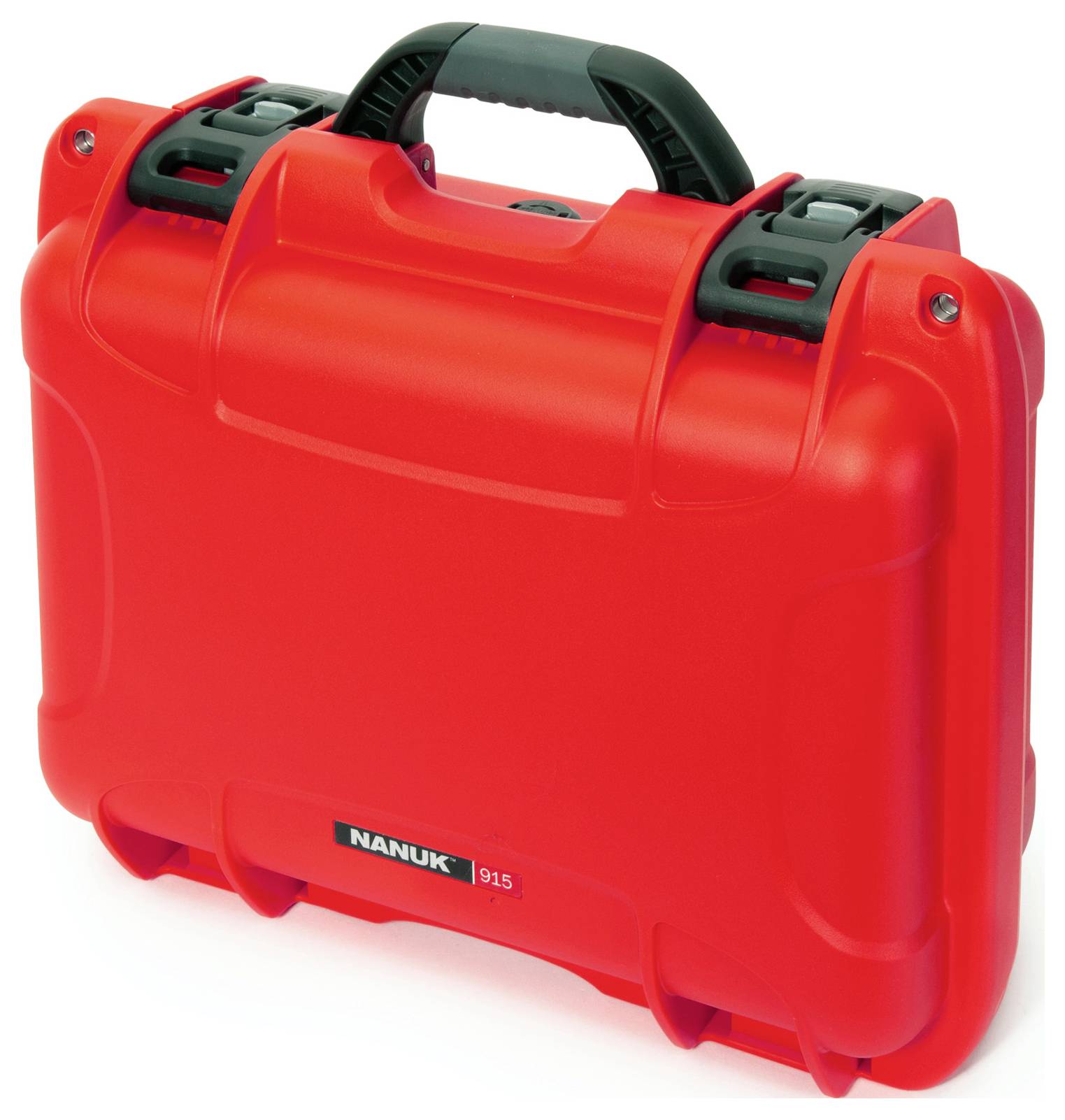 A red, robust protective case by Nanuk, model 915, with handle and locking mechanisms, suitable for secure transportation.