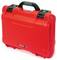 A red, robust protective case by Nanuk, model 915, with handle and locking mechanisms, suitable for secure transportation.