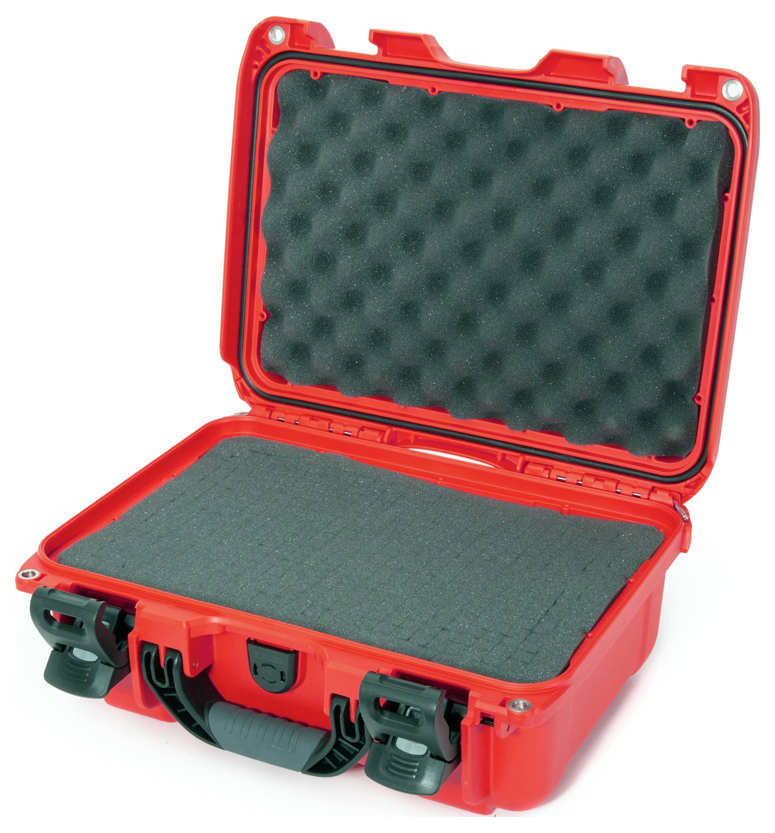 An open, red protective case with a black foam insert, suitable for the safe transportation of delicate items.