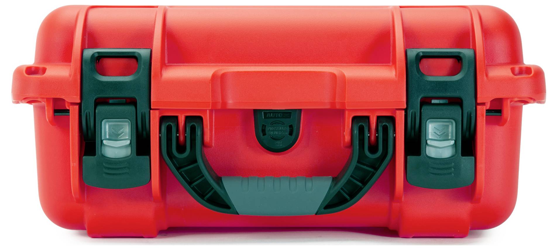 A red, robust suitcase with two black clasps at the front, suitable for secure storage and transportation of delicate items.