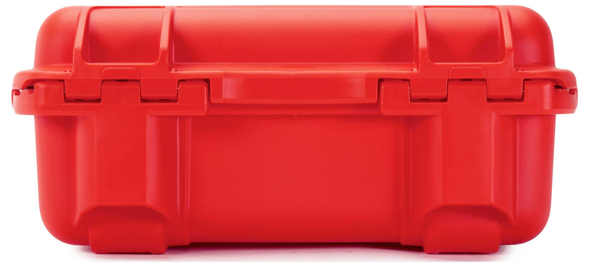 A red, robust plastic case with locking mechanisms.