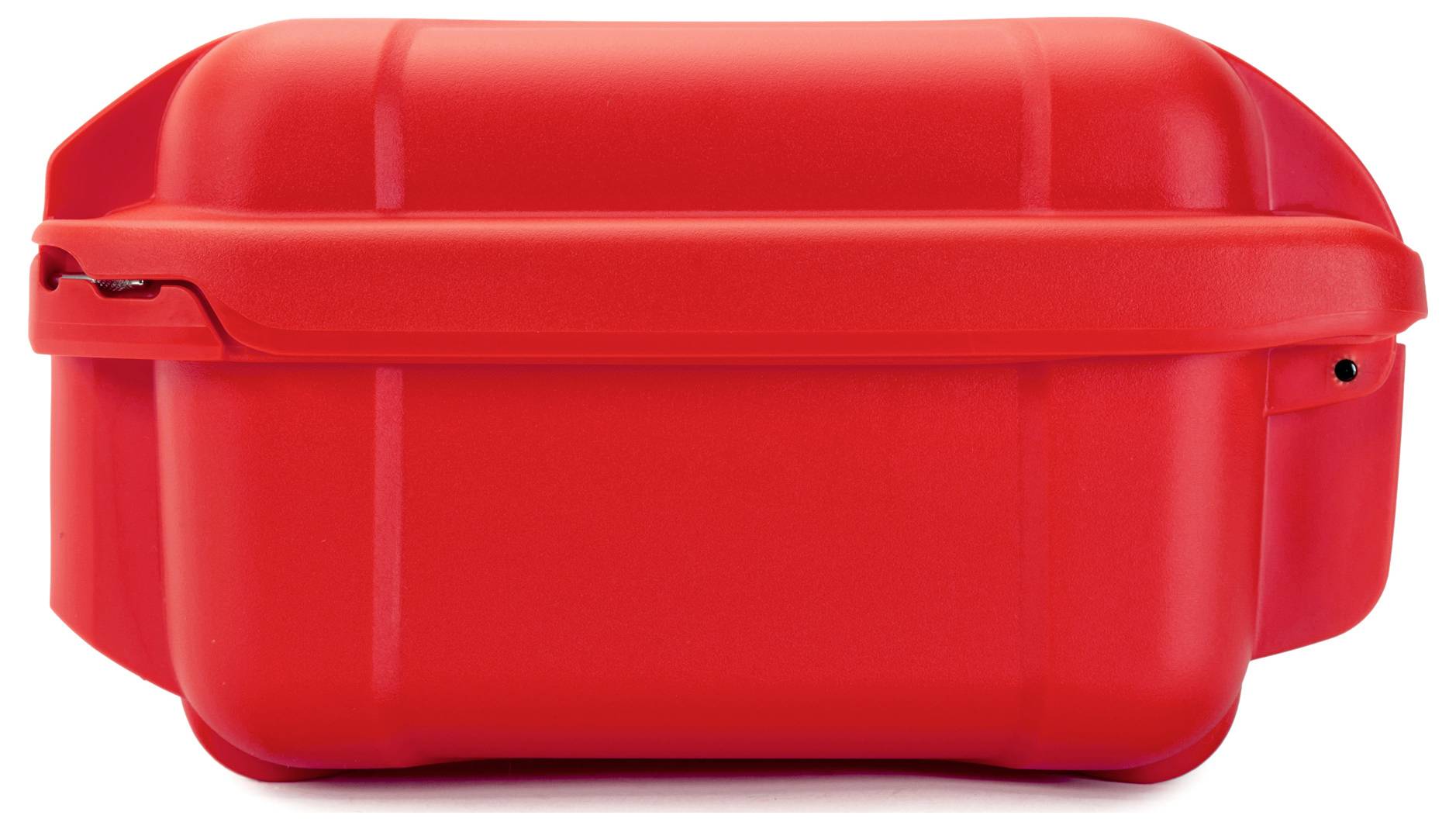 Red plastic storage box with lid, pictured from the front. Suitable for storing or transporting items.