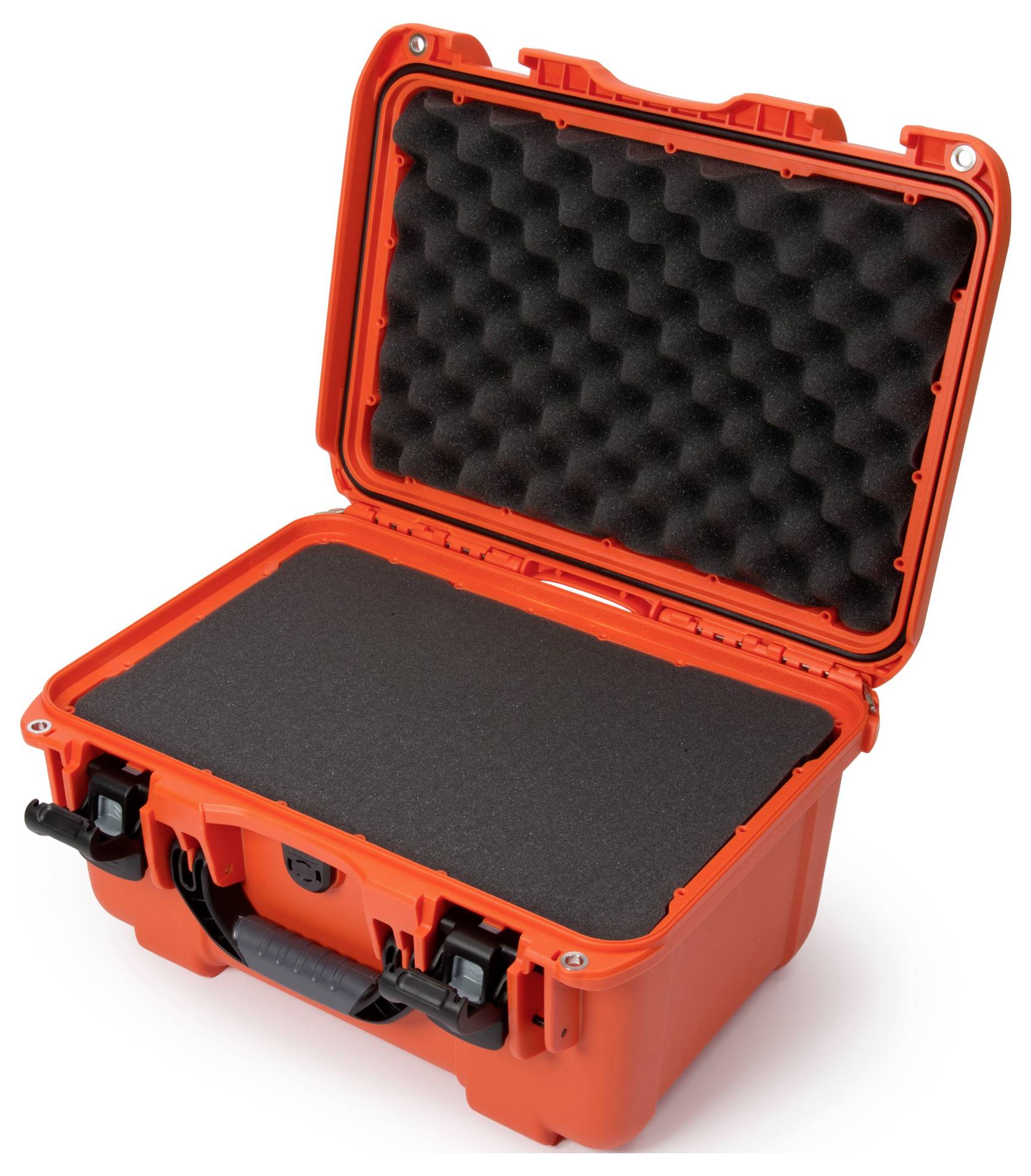 An orange, open hard-shell case with foam padding inside, suitable for the safe transportation of delicate items.