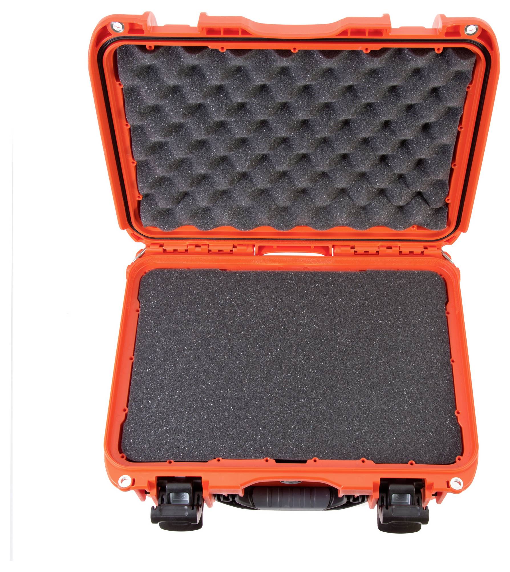 A bright orange protective case with foam inserts for the safe transportation of delicate items.