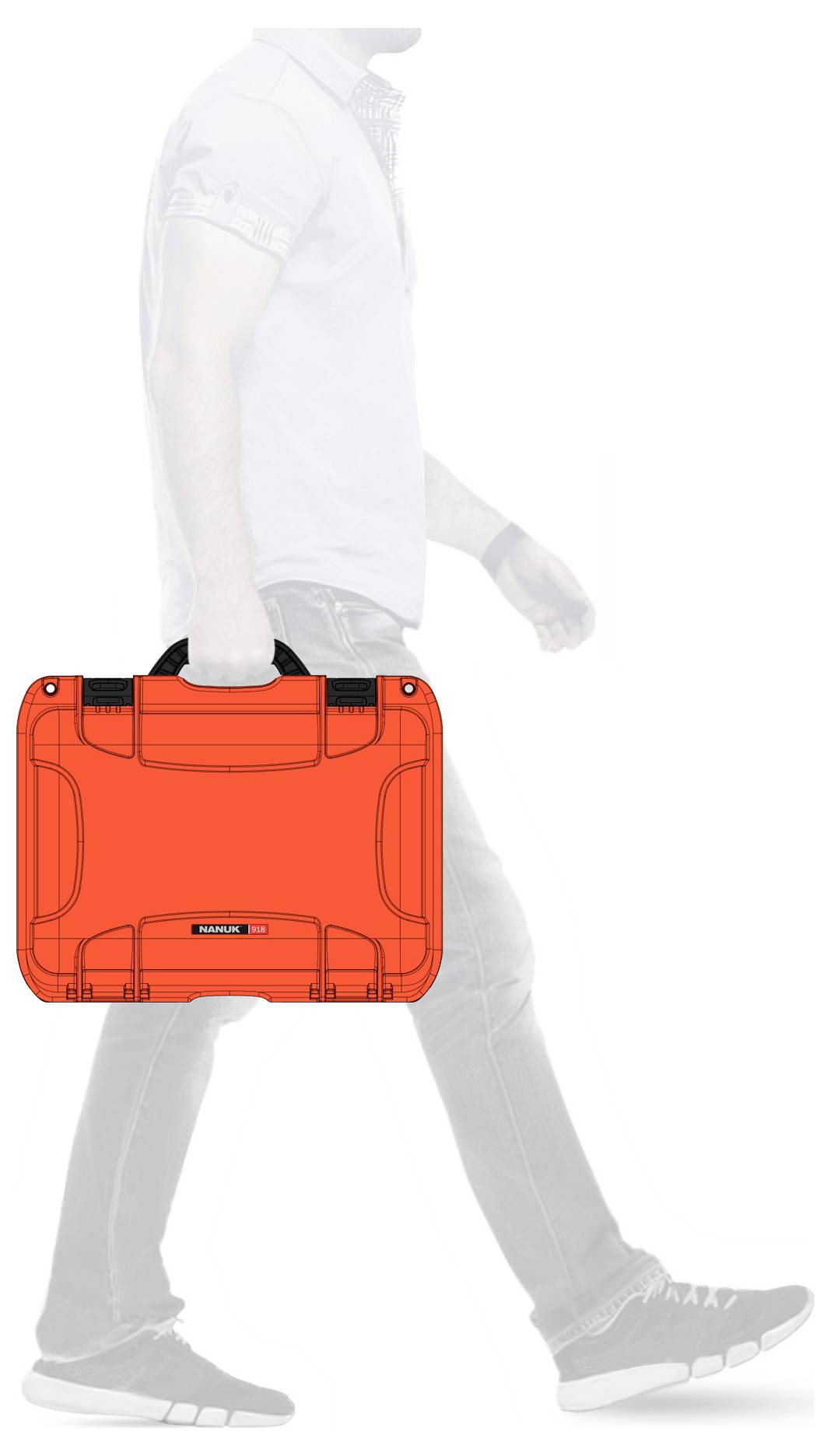 A man is carrying a bright orange hard-shell suitcase. The suitcase has a handle and appears sturdy and durable.