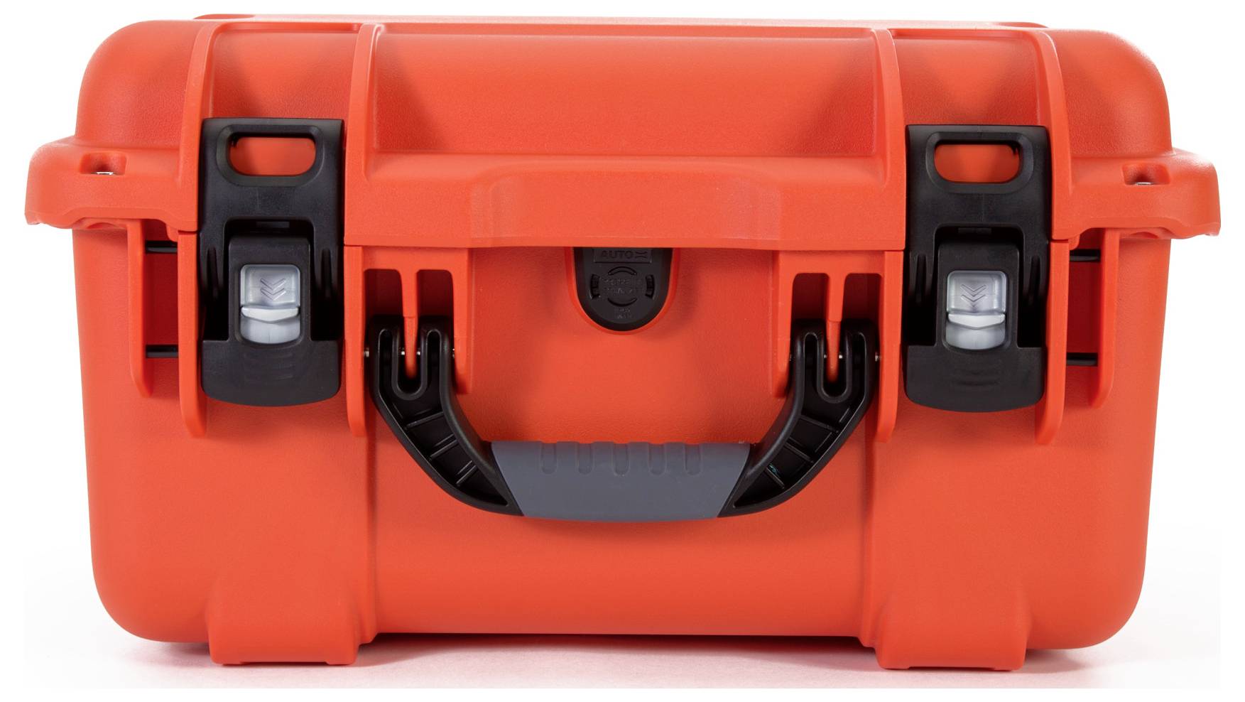 Red, robust hard-shell suitcase with two black locks and handle. Suitable for the secure transportation of delicate equipment.