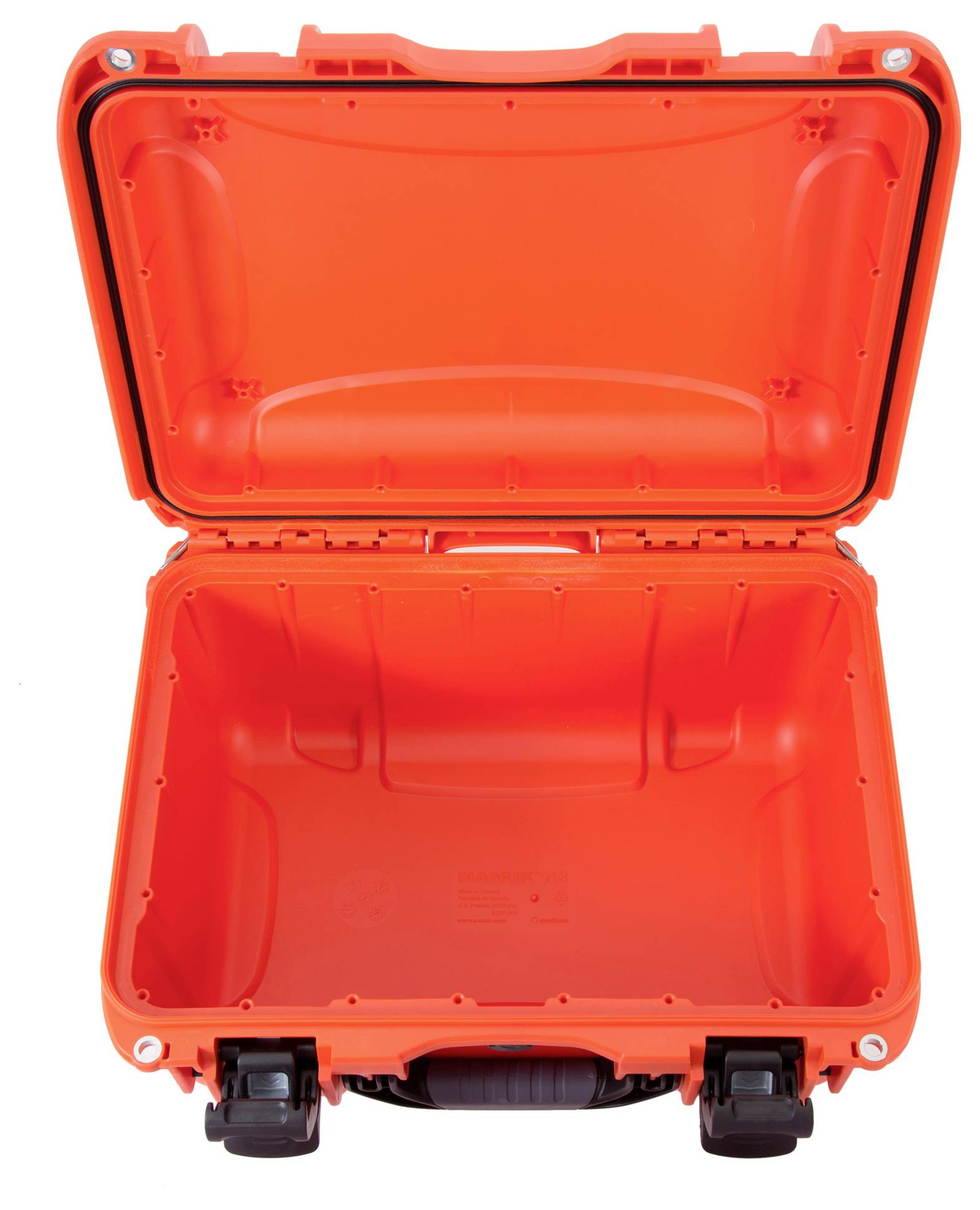 An open, bright orange hard-shell suitcase with a padded interior and two locks, empty. Suitable for secure transportation.