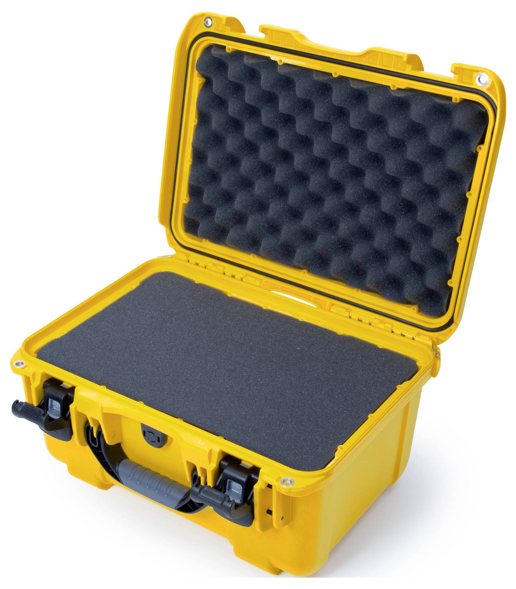 Yellow, open protective case with foam lining, suitable for the safe transportation of delicate equipment.