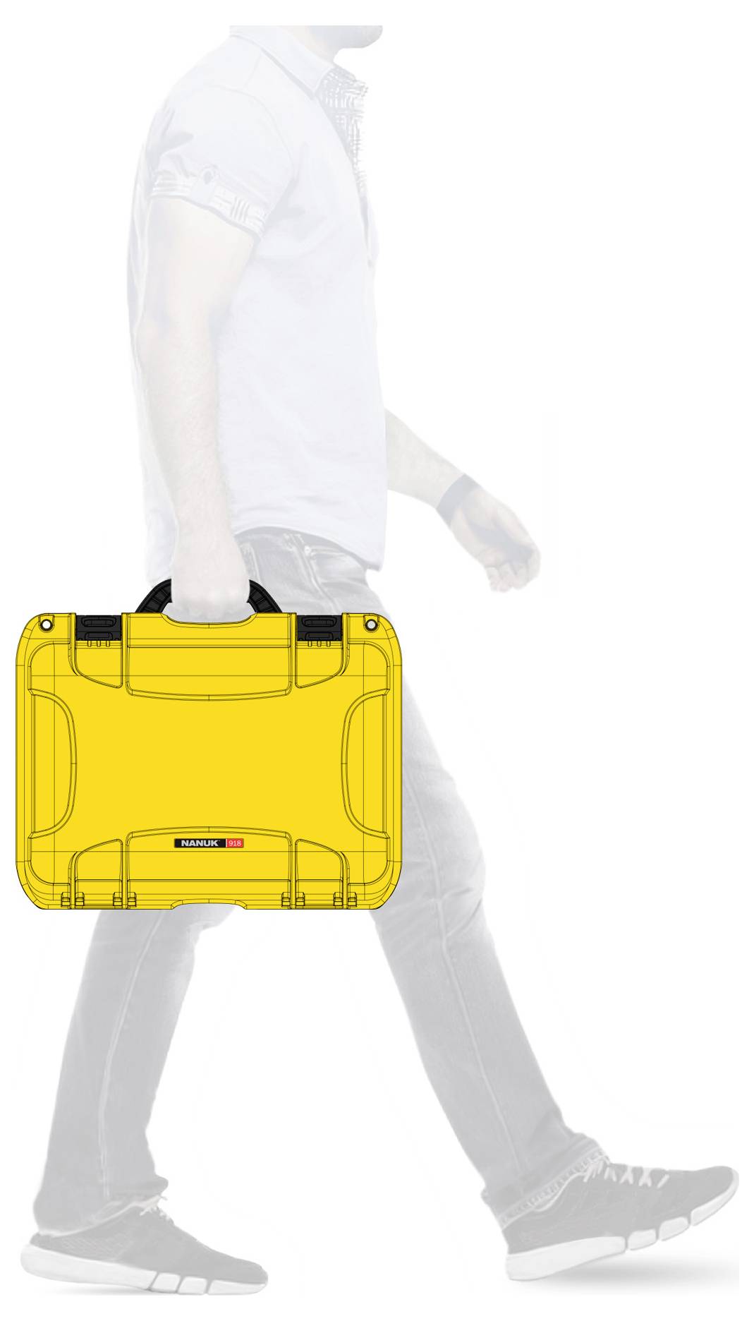 A person is carrying a bright yellow suitcase in their right hand. The person's body is partially depicted as transparent.