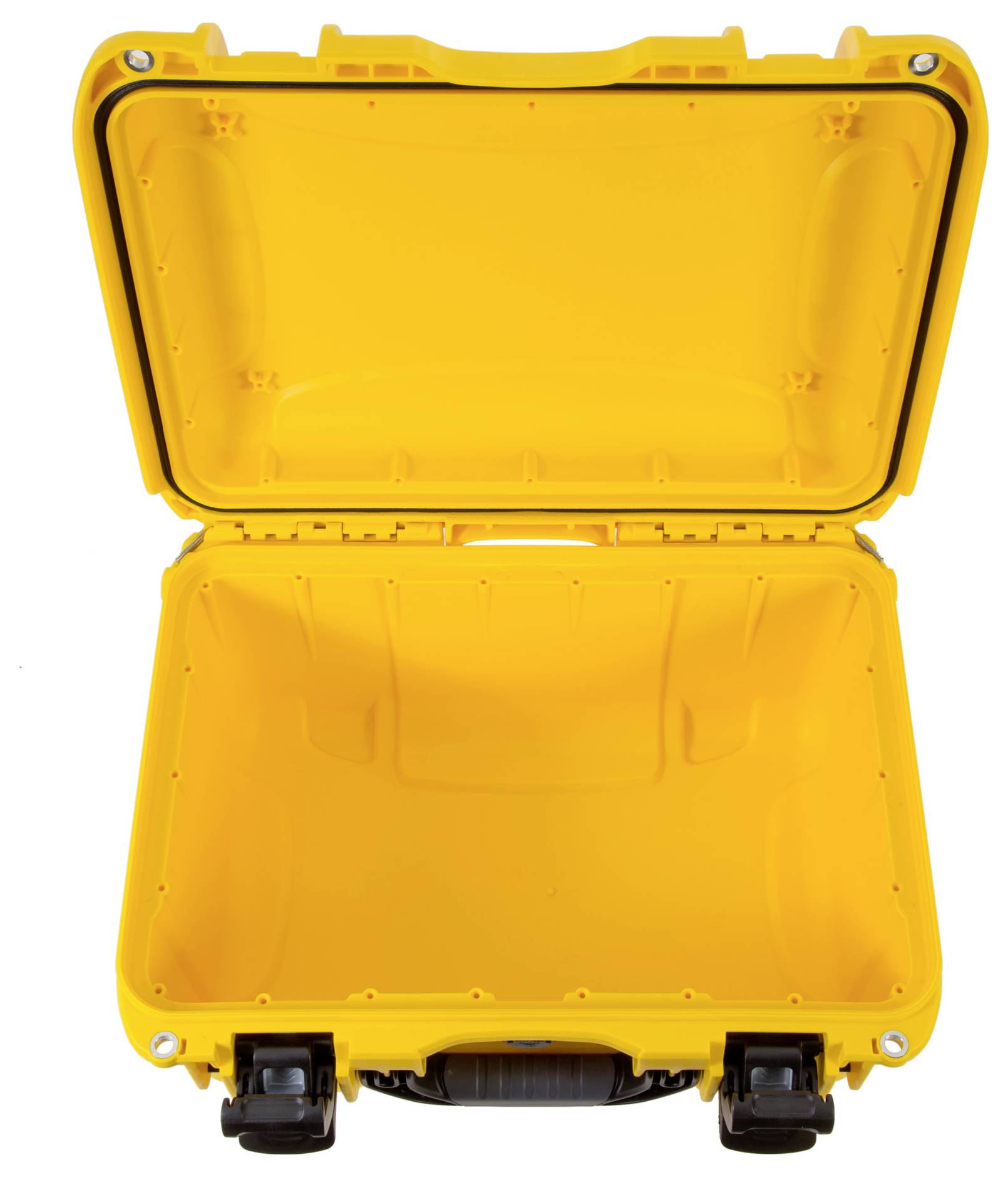 An open, yellow protective case with a black fastener and handle, empty, designed for the secure transportation of delicate items.