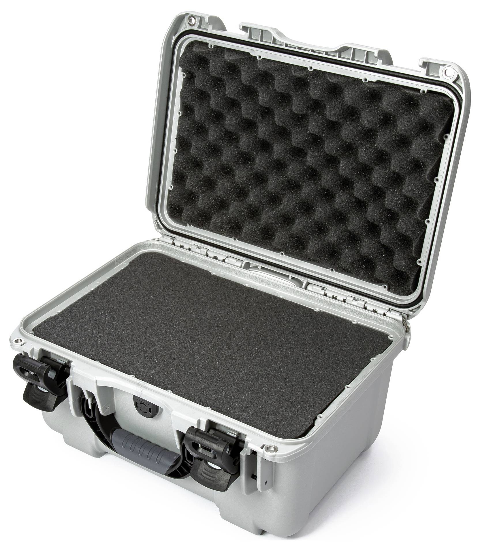 An opened, grey protective case with foam padding, suitable for safely transporting delicate equipment.