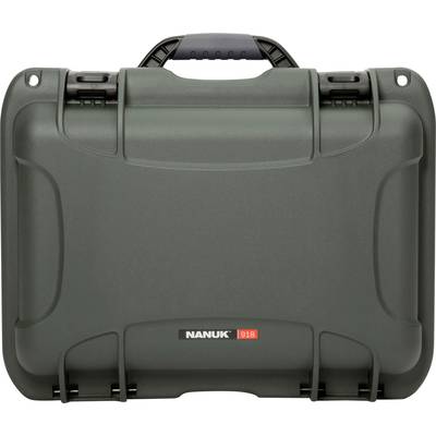 A robust black transport case with carry handle and snap locks. The case is marked with 'Nanuk 918'.