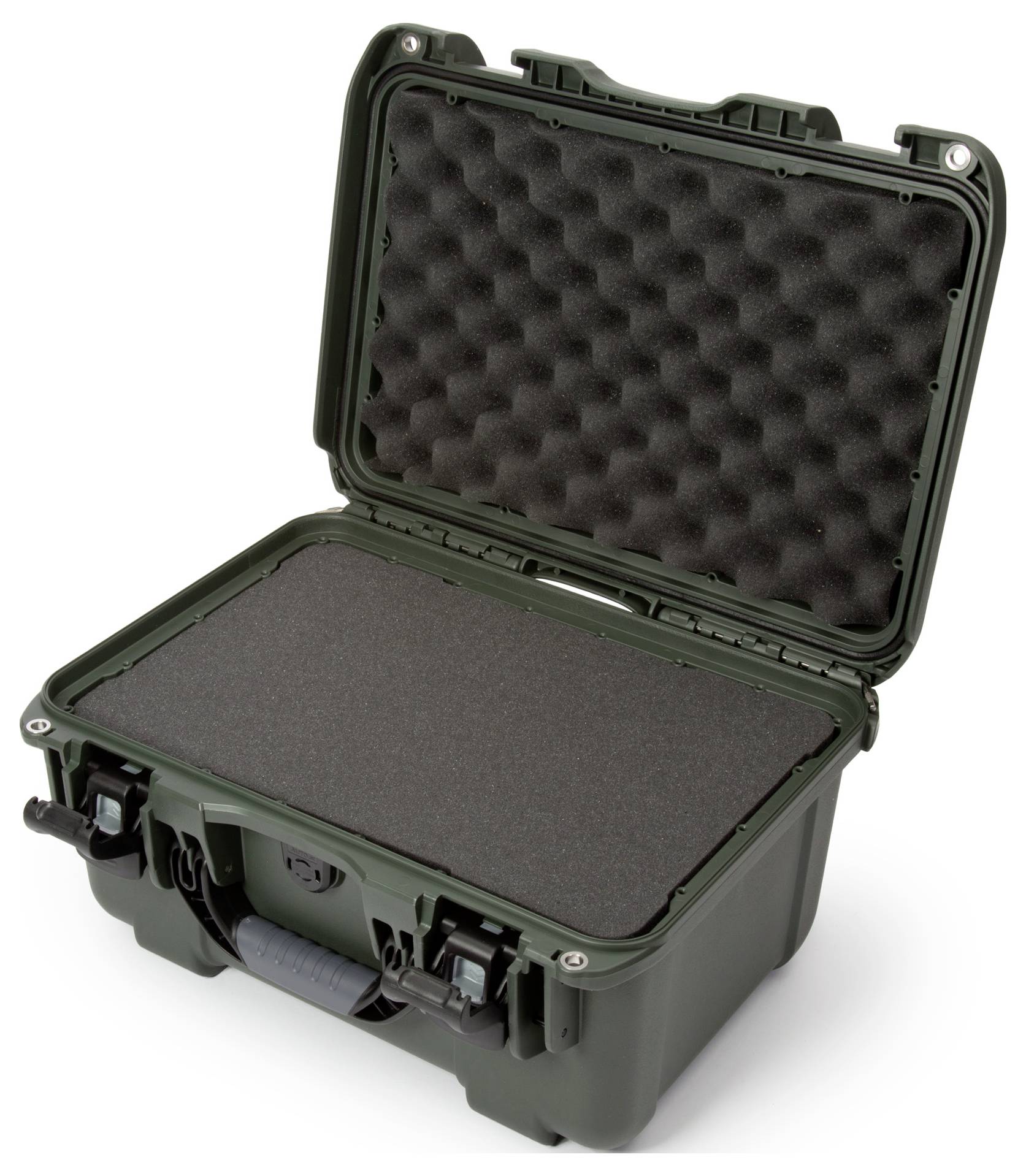 An opened, green protective case with foam padding inside; suitable for the secure storage of sensitive equipment or tools.