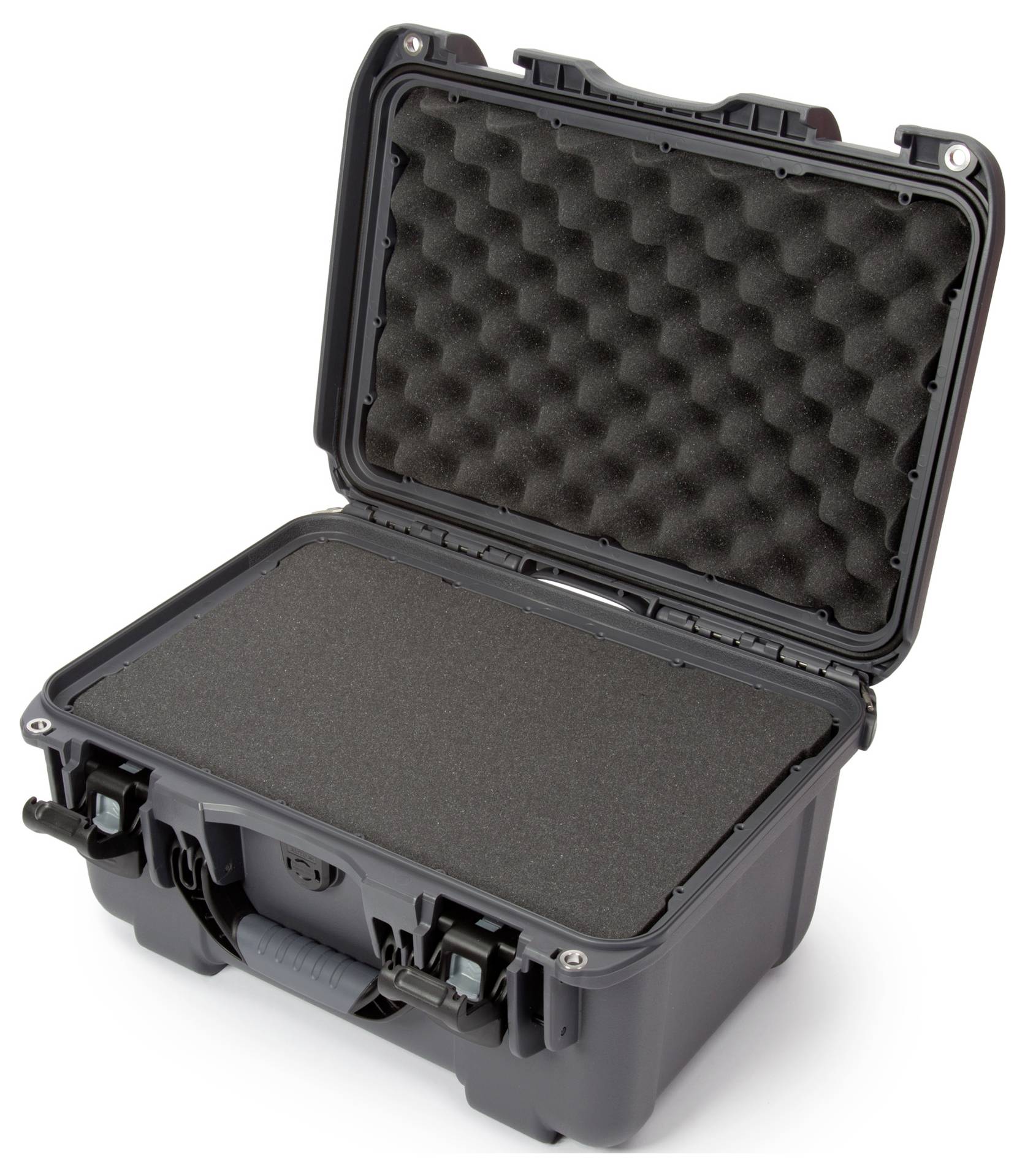 A black protective hard case with foam padding inside, suitable for the safe transportation of delicate equipment or items.