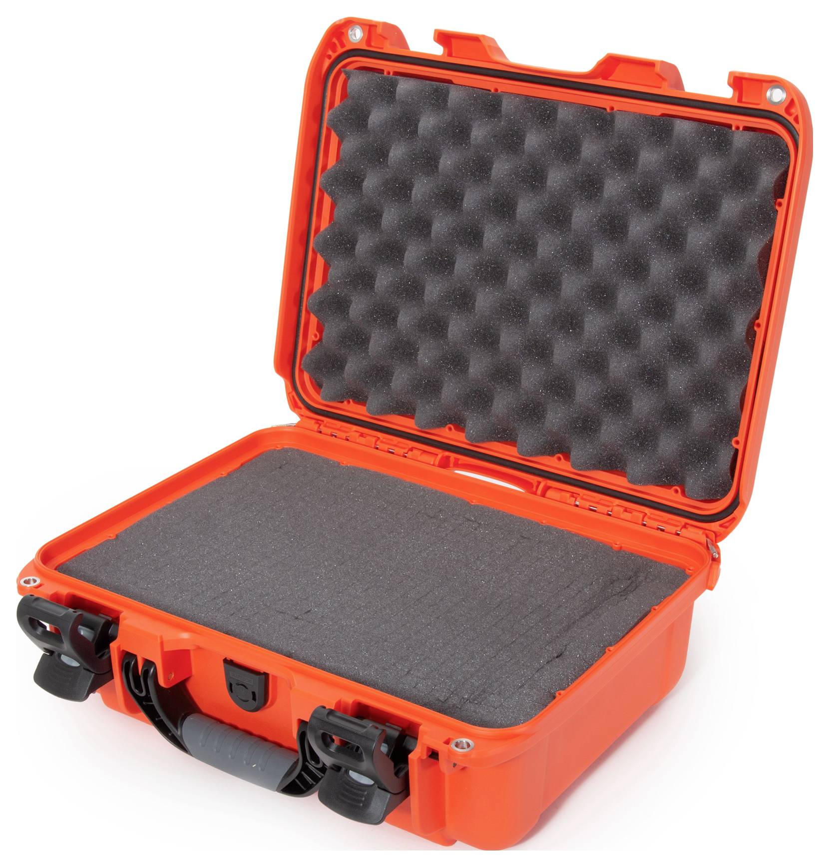 An open, orange protective case with foam padding inside, ready for the secure storage of delicate equipment.