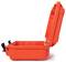 A bright orange, open protective case made of plastic with a black fastener, ready for storing or transporting items.