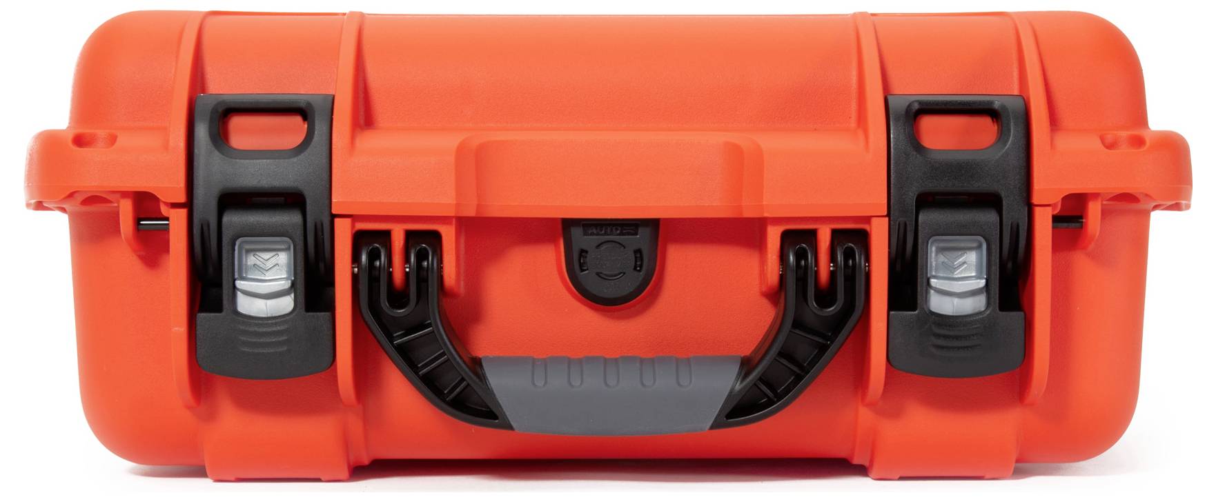 A red protective case with black clasps and carrying handle, positioned horizontally.