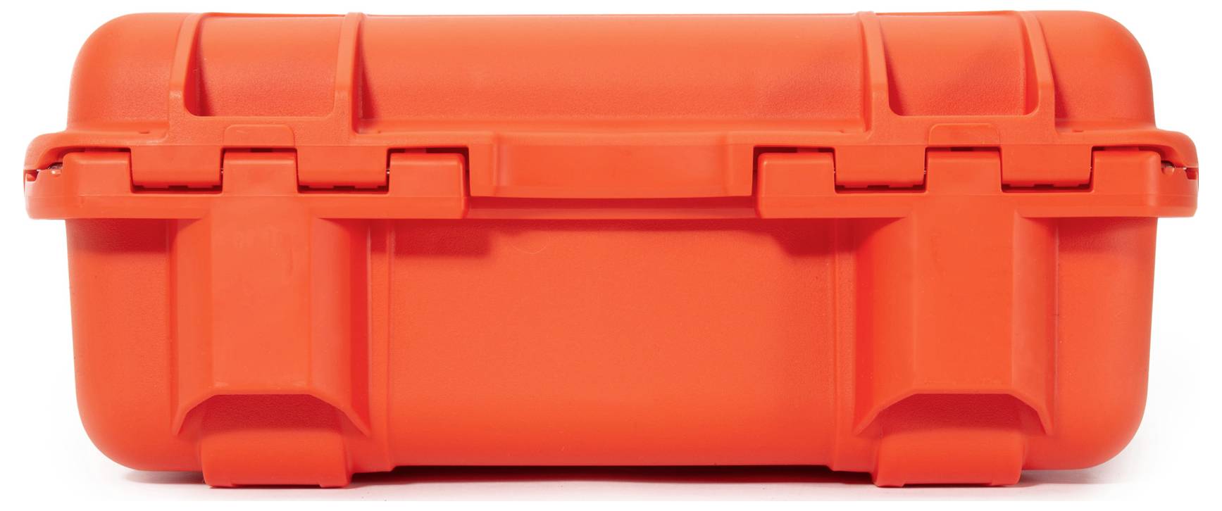 A bright orange, sturdy plastic case with handle and snap locks.