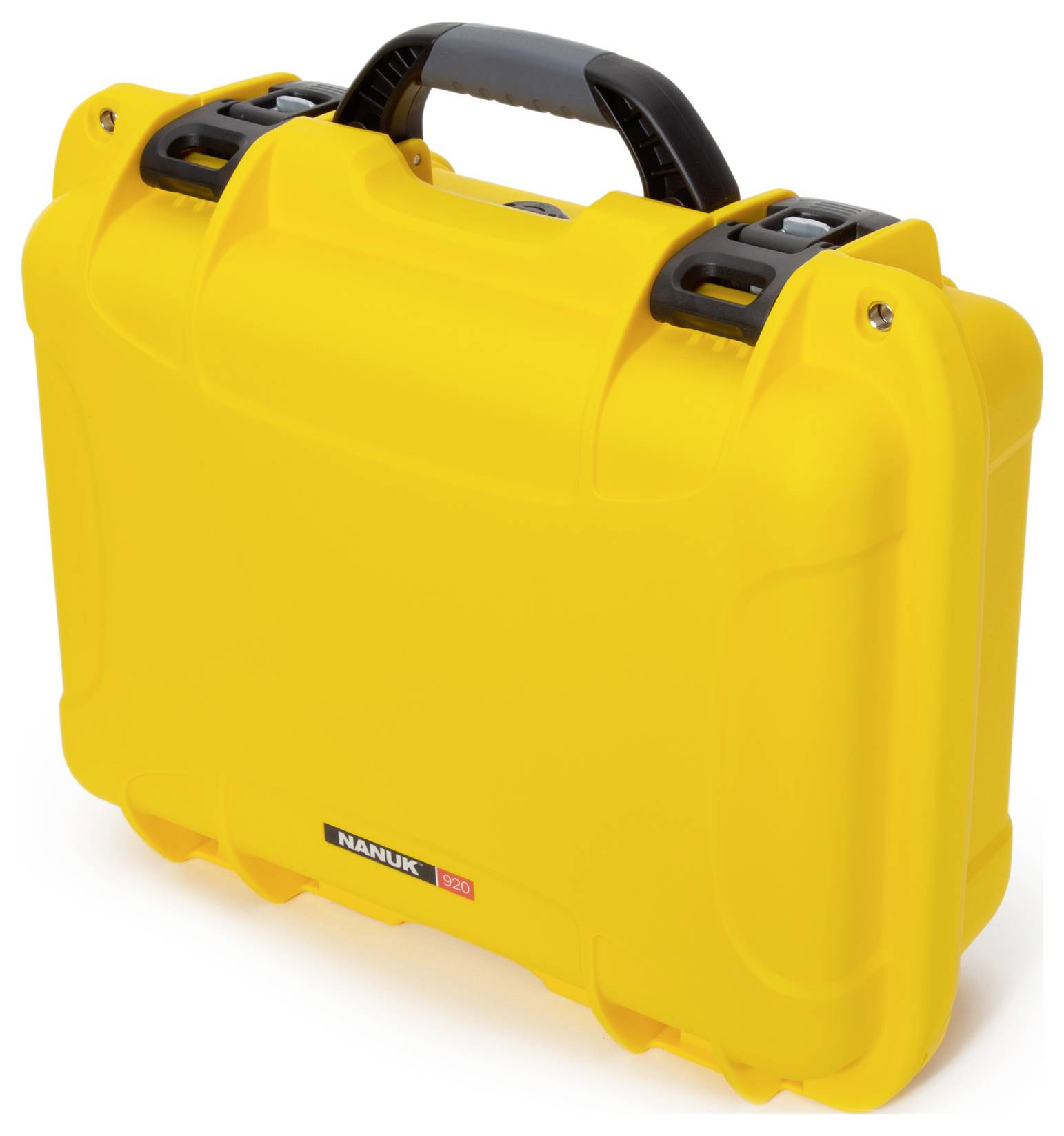 Yellow hard-shell suitcase with black handle and robust locks. Ideal for secure transportation and protection of equipment.