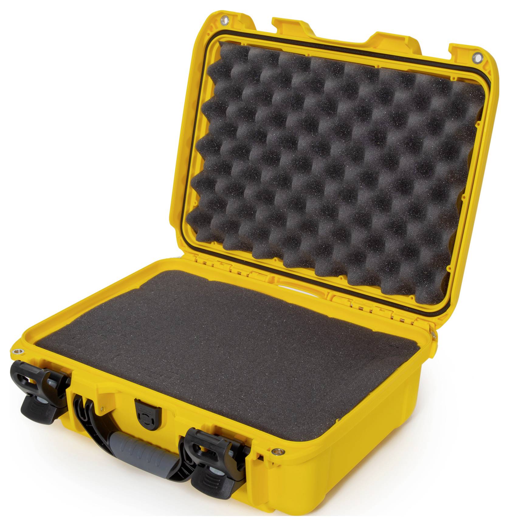 A yellow, open safety case with foam padding, suitable for the secure transportation of delicate items.