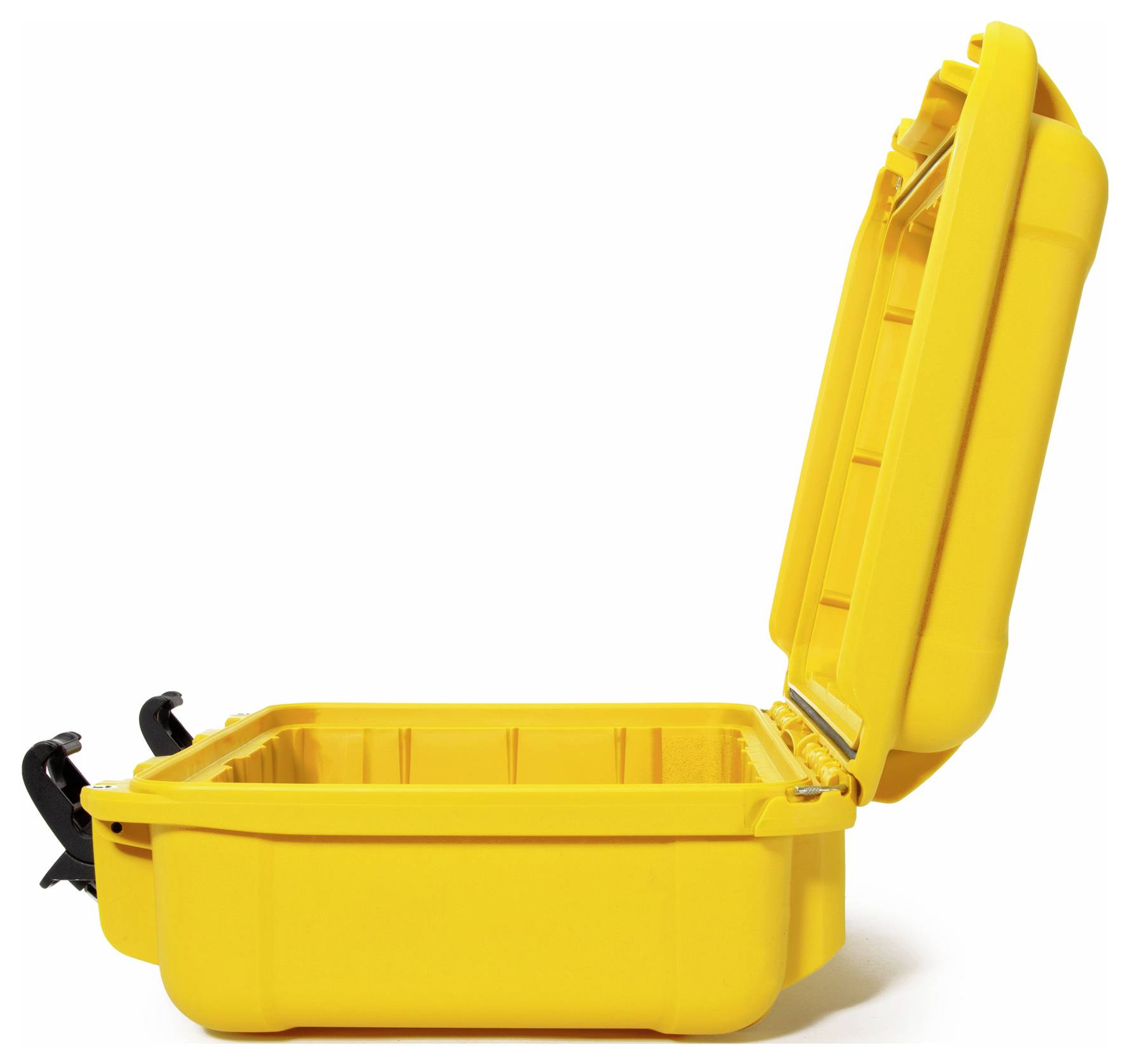 Yellow, open hard-shell suitcase with robust design and black snap locks; ideal for securely transporting delicate items.