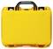 A bright yellow suitcase against a white background, with a black handle and robust design, conveys durability.