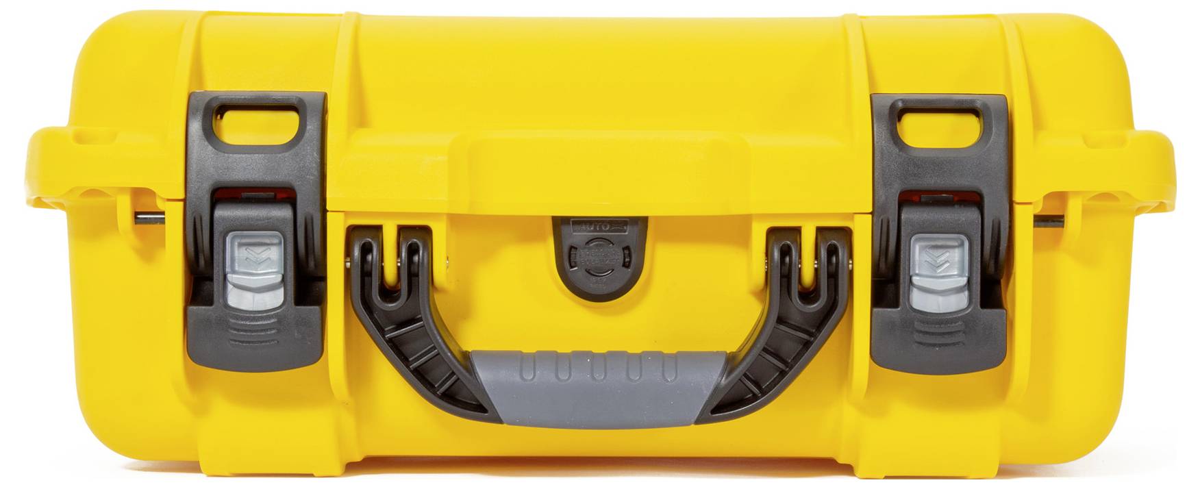 Yellow, rectangular hard-shell suitcase with a black carry handle and two latches.