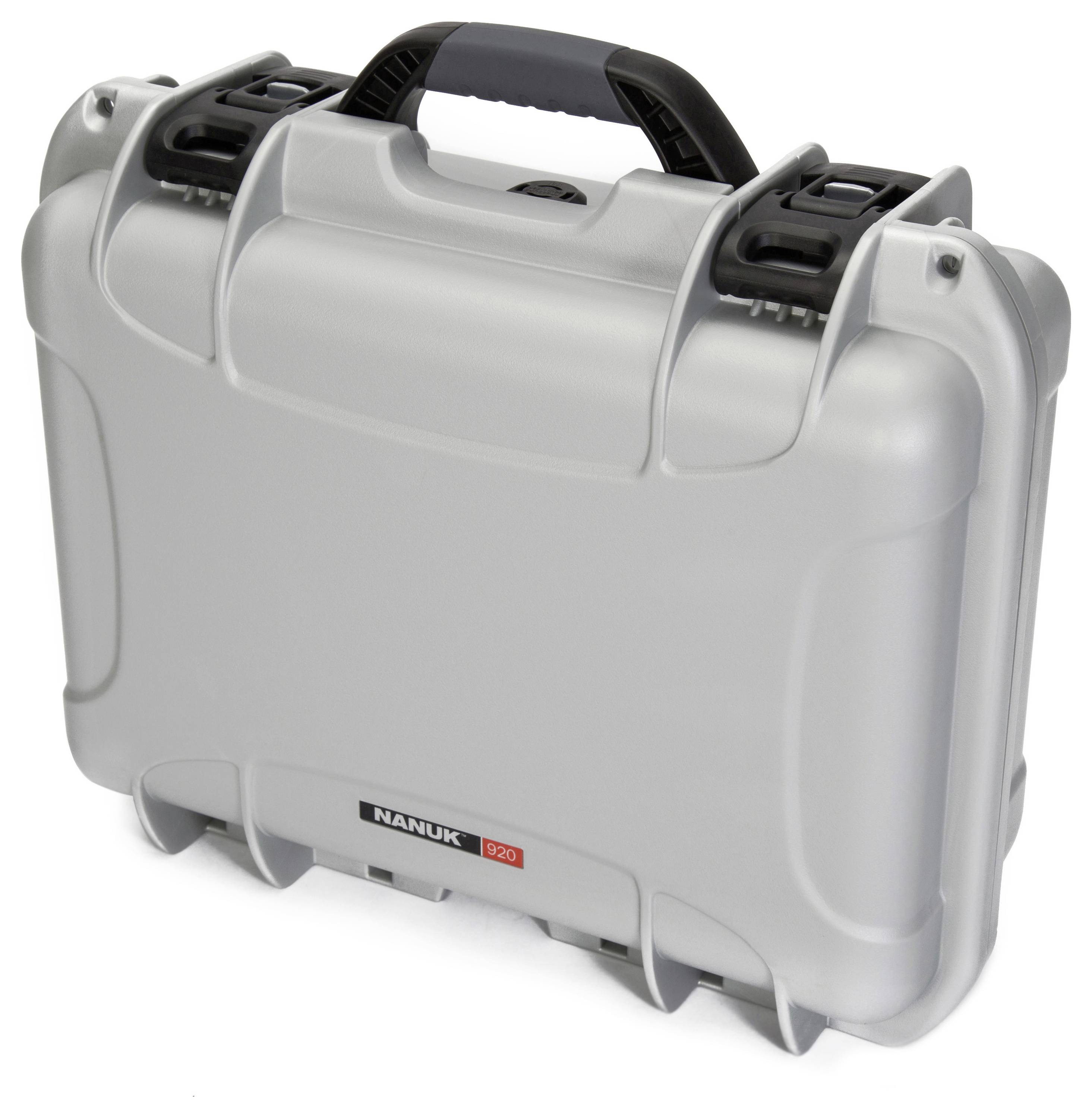 A robust, grey transport case with a black handle and closures. Brand name 'Nanuk 920' visible on the front.