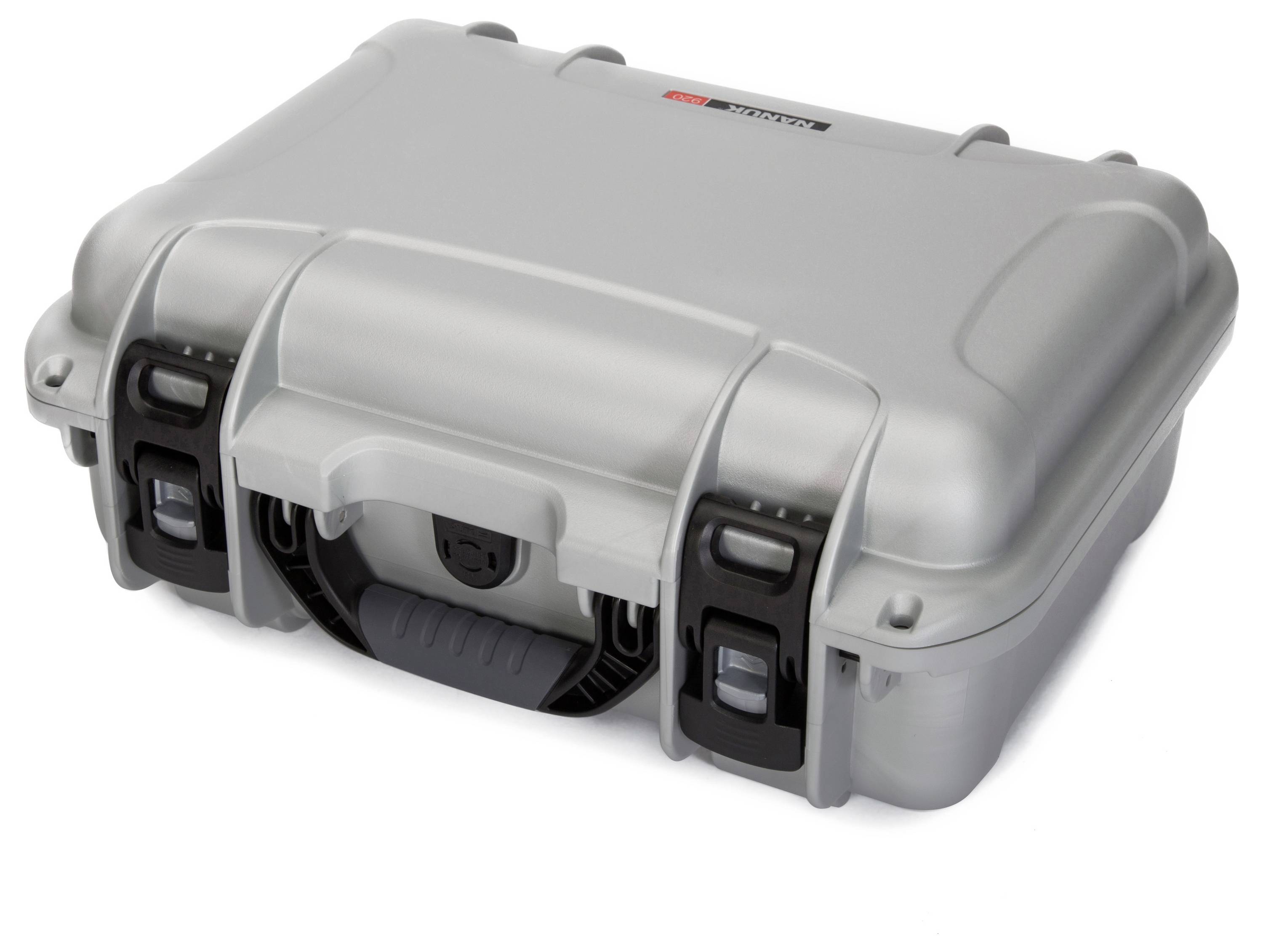 Grey, sturdy protective case with handle and two snap locks, suitable for securely storing sensitive equipment.