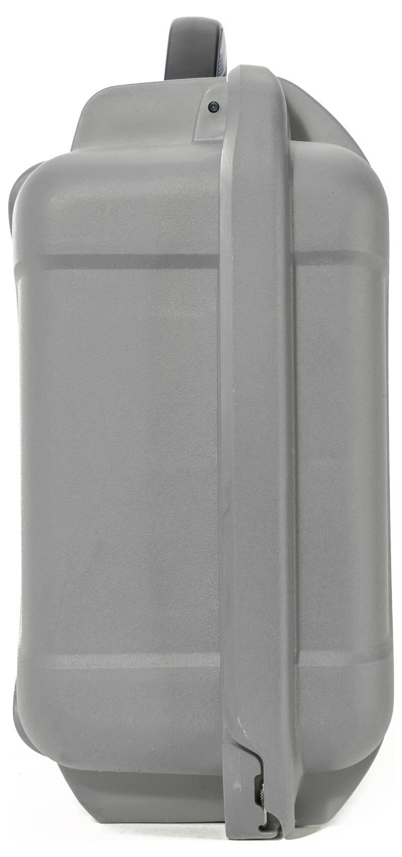 A hard-shell suitcase with a carry handle, standing vertically. It is grey, sturdy and suitable for travel.