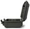 An opened, empty, robust plastic case in dark green with a black closure, ideal for the secure transportation of equipment.