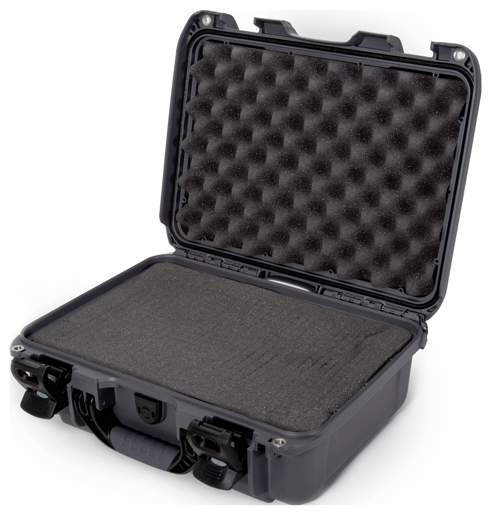 A robust and impact-resistant open, empty foam transport case, suitable for securely transporting delicate items.
