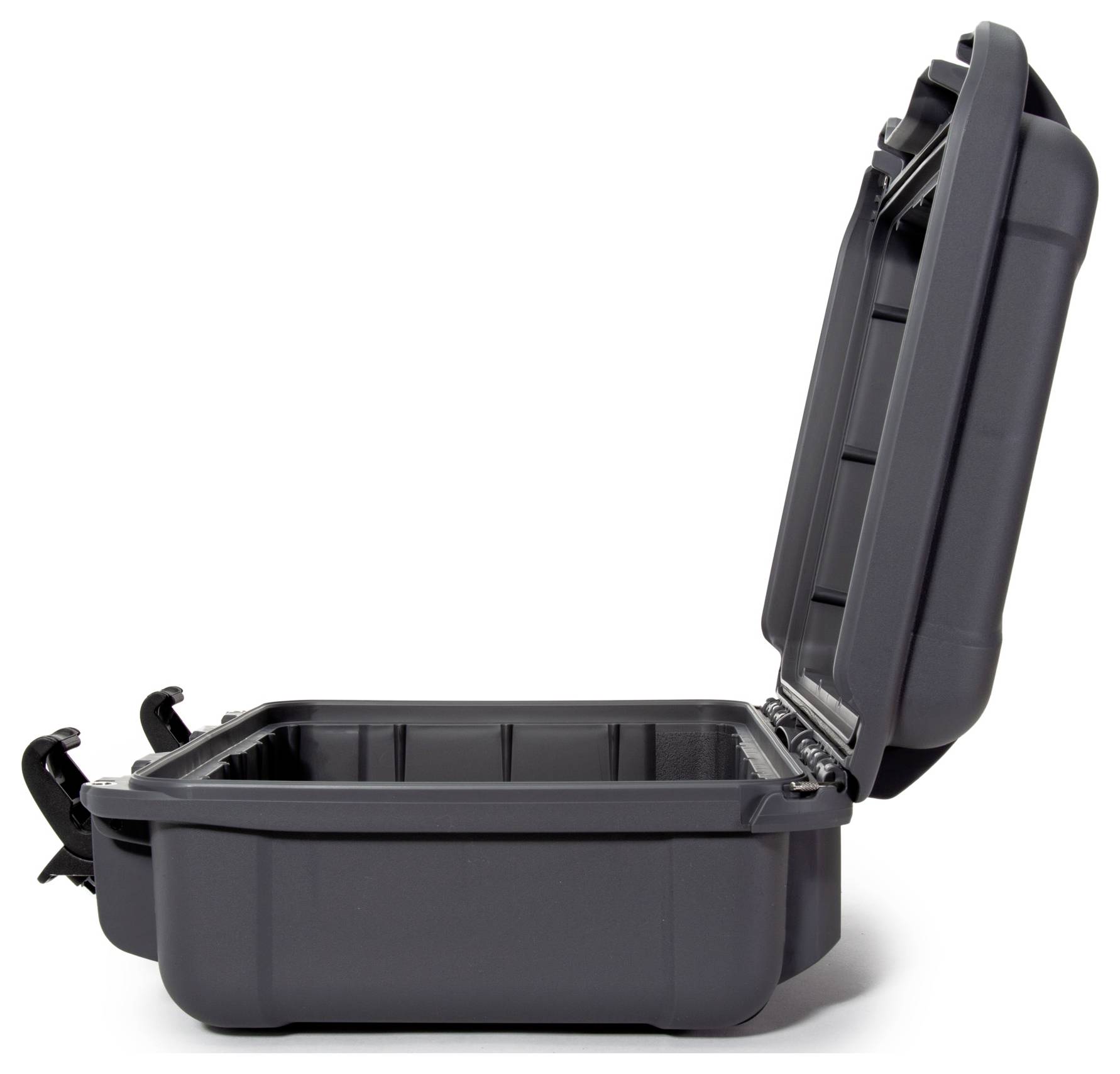 An open, empty black hard-shell suitcase viewed from the side, providing easy access and protection for items contained within.