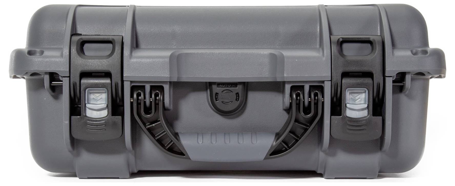 Grey, rectangular hard-shell case with two locks and carrying handle, suitable for secure storage or transportation.