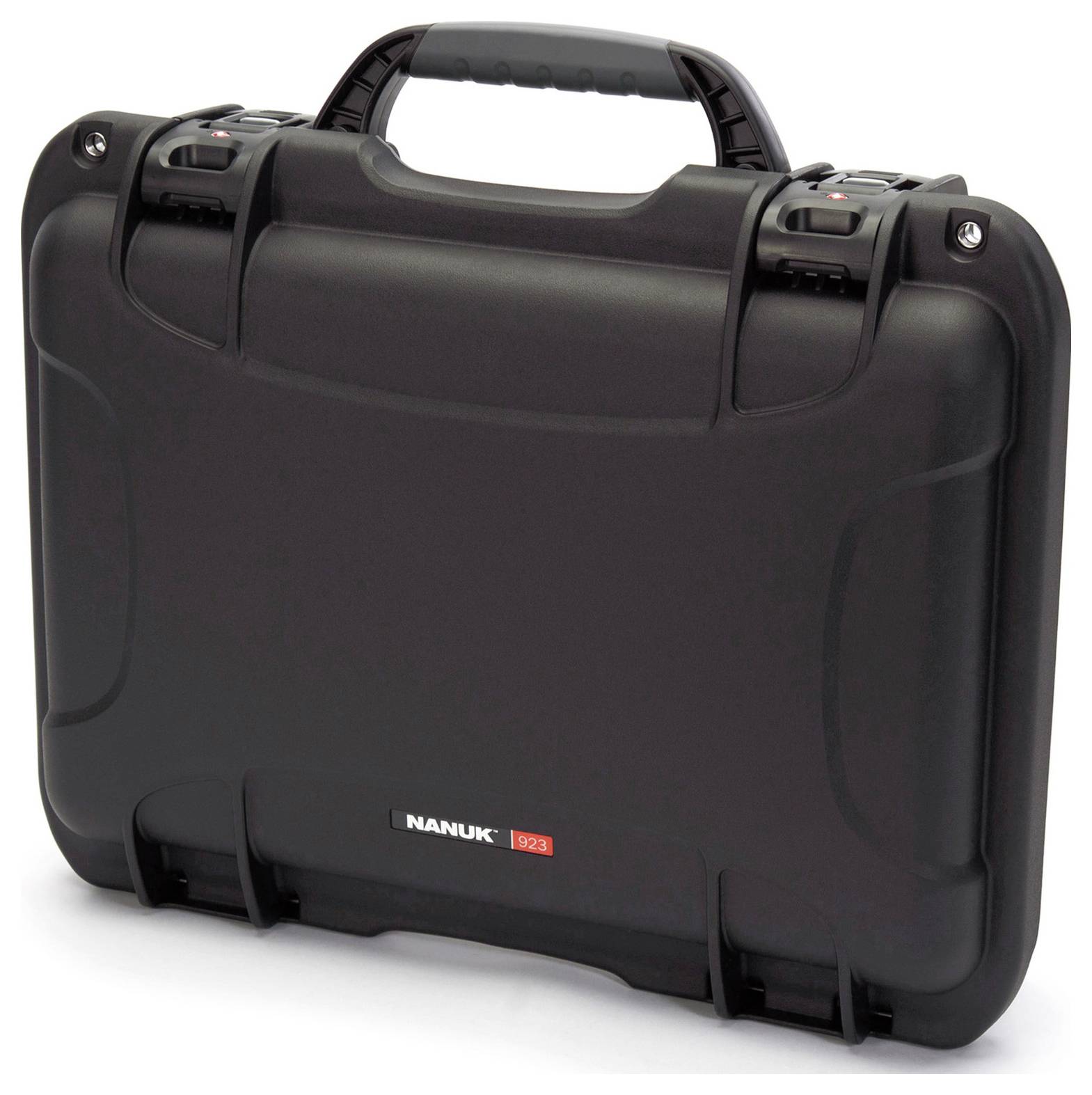 Black, robust suitcase with handle and two locks, suitable for secure transportation of delicate items.